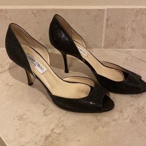 Jimmy Choo black sparkly sequin peep toe heels. Size 9 or 39.5. 3 in. heel.
